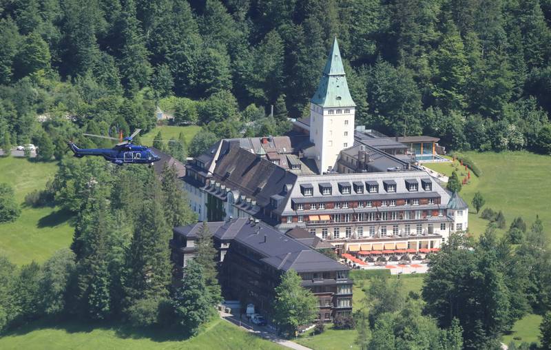 An AS 332 Super Puma helicopter from Germany's Bundespolizei flies over Schloss Elmau, during flight and security training for the upcoming G7 leaders summit, near Garmisch-Partenkirchen, Germany. Reuters