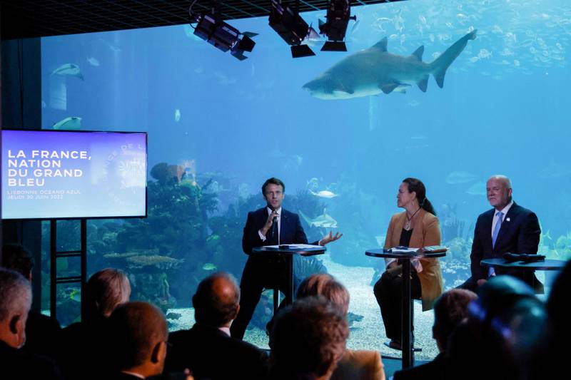 France's President Emmanuel Macron speaks during a round table with oceans' speacialists at the Lisbon Oceanarium, in Lisbon on June 30, as part of the UN Ocean Conference. AFP