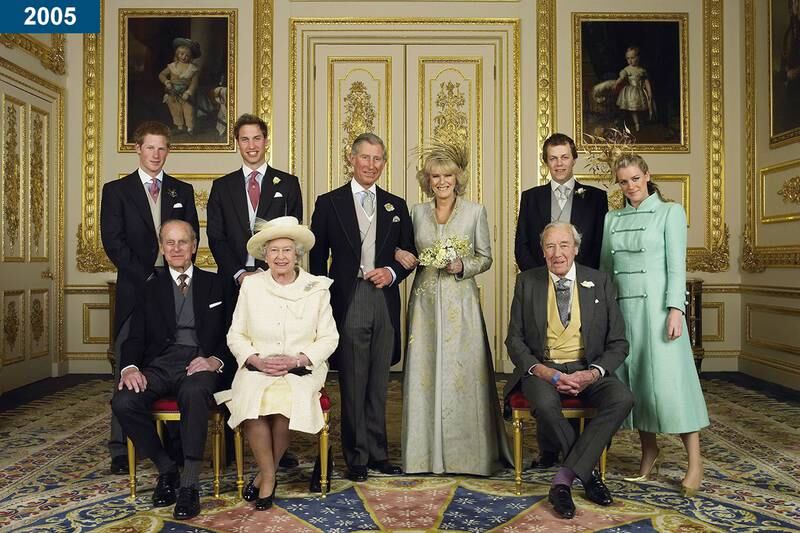 2005: Prince Charles and his bride, Camilla, Duchess of Cornwall, pose with their families and the queen at Windsor Castle after their wedding ceremony.