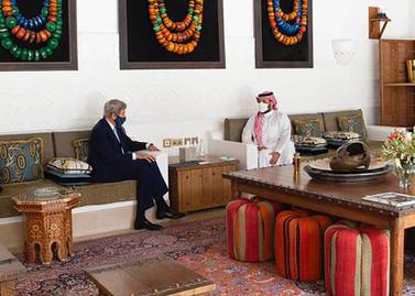 US Climate Envoy John Kerry meets with Saudi Arabia's Crown Prince, Mohammed bin Salman, during a trip to the region to discuss climate change. Courtesy of Spa