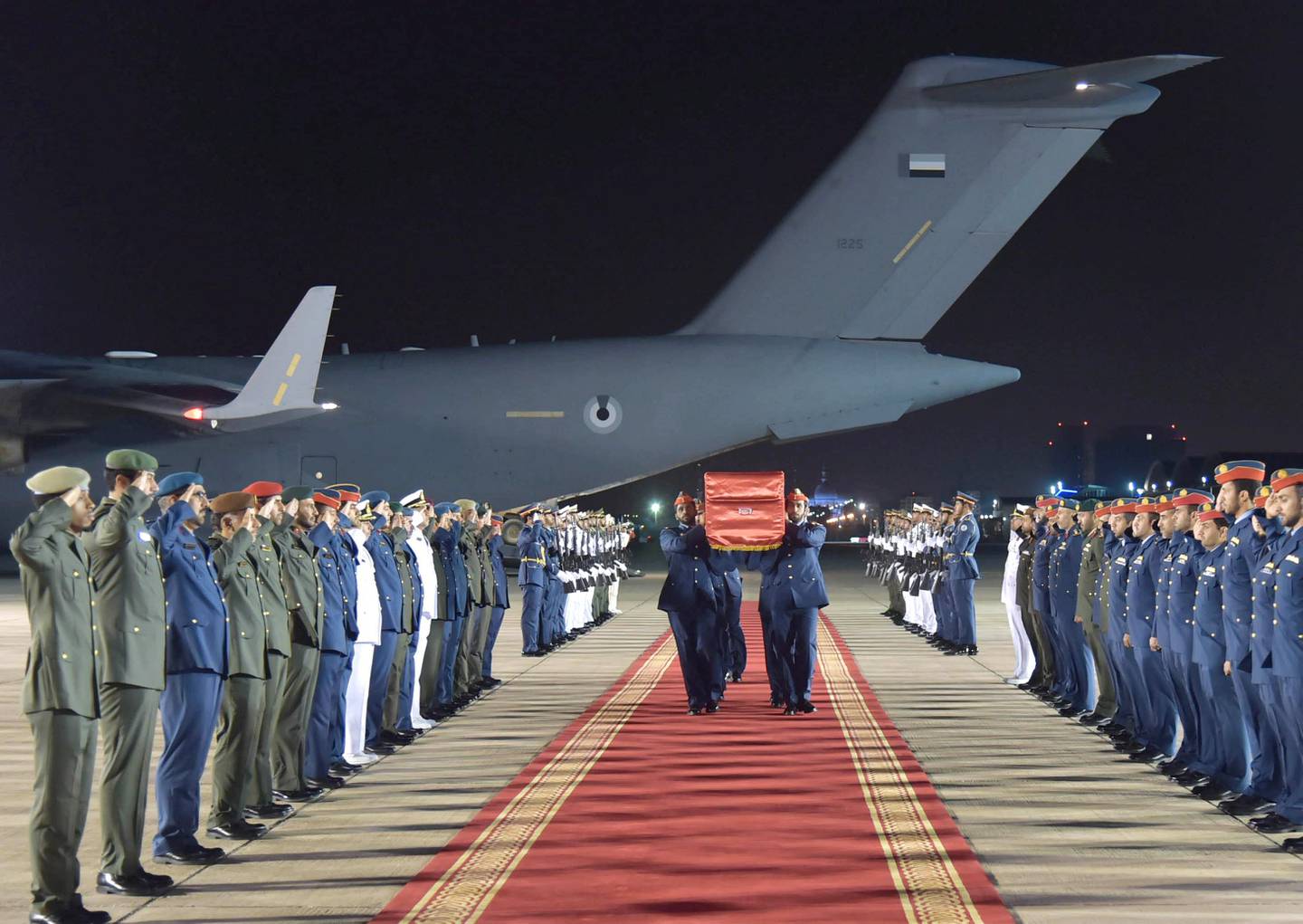 The body of Second Lieutenant Sultan Mohamed Ali Al Naqbi arrives at Al Bateen Airport in Abu Dhabi. Wam