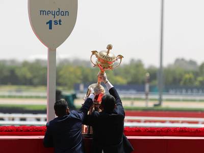 Dubai, United Arab Emirates - Reporter: Amith Passella. Sport. Racing. The Dubai World Cup trophy is brought out at Meydan Racecourse. Saturday, March 27th, 2021. Dubai. Chris Whiteoak / The National