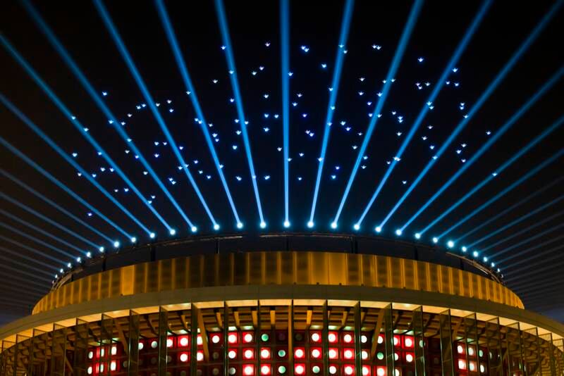 The dramatic drone show at the China pavilion is set to music and lights.