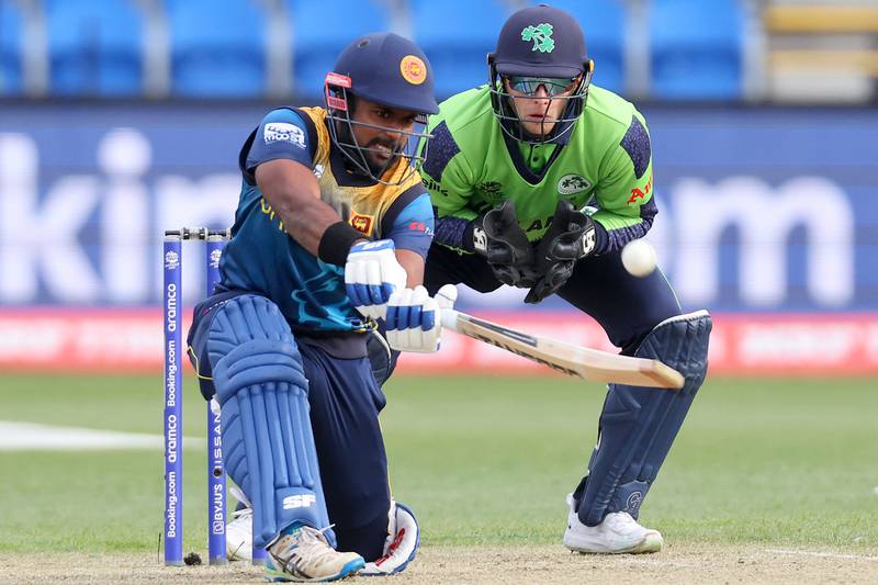 Charith Asalanka plays a shot during the match between Sri Lanka and Ireland. AFP
