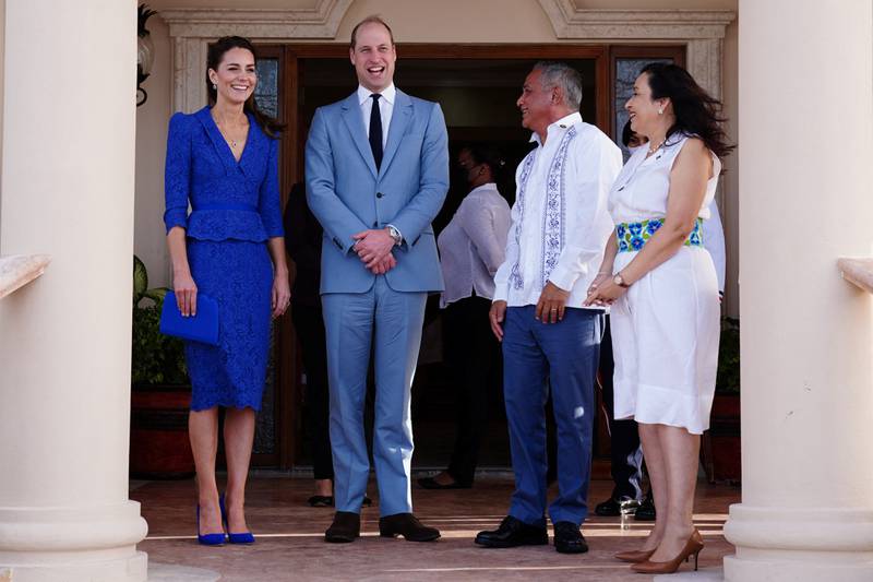 Britain's Prince William and Catherine, Duchess of Cambridge, meet with Belize's Prime Minister Johnny Briceno and his wife Rossana, as they begin their tour of the Caribbean in Belize City. Reuters