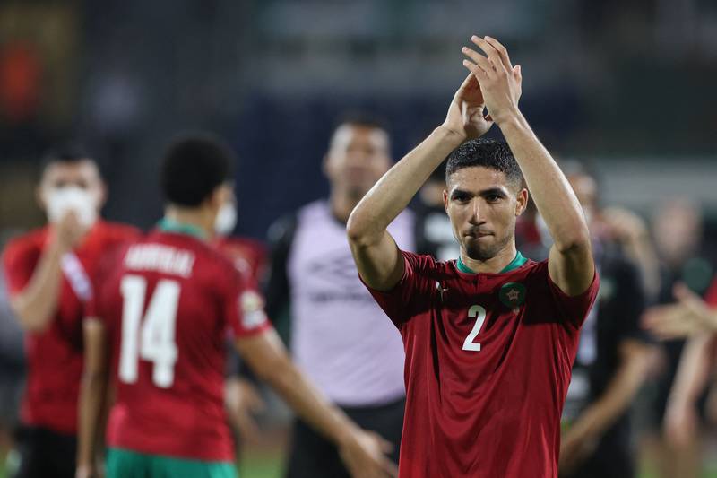 Morocco defender Achraf Hakimi celebrates their 2-1 victory over Malawi and qualification for quarter-finals of the Africa Cup of Nations at Stade Ahmadou-Ahidjo in Yaounde, Cameroon on January 25, 2022. AFP