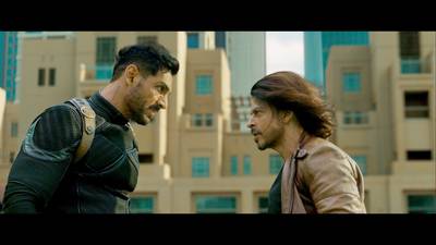 Abraham and Khan in Pathaan, in a scene shot in Downtown Dubai