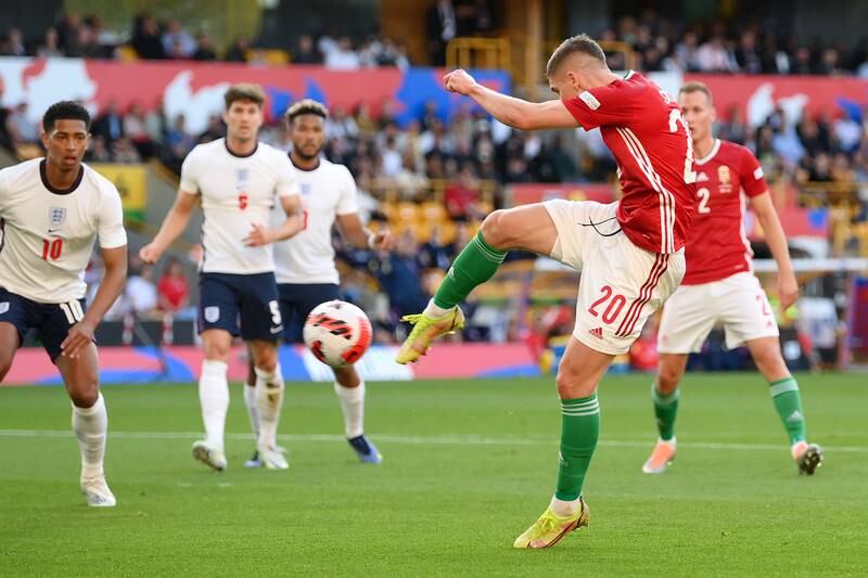 Roland Sallai smashes Hungary into the lead on the way to a 4-0 Nations League win over England at Molineux on Tuesday, June 14, 2022. Getty
