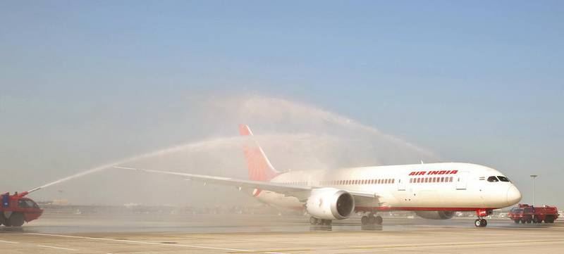 The flight arrives at Dubai International Airport with a water cannon salute. Courtesy Dubai Airports