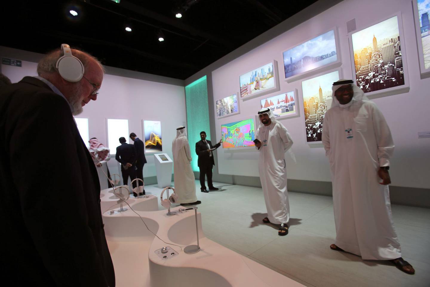 Governments staffs from all over the world visit the Museum of the Future at the World Government Summit in Dubai, United Arab Emirates, Monday, Feb. 12, 2018. (AP Photo/Kamran Jebreili)
