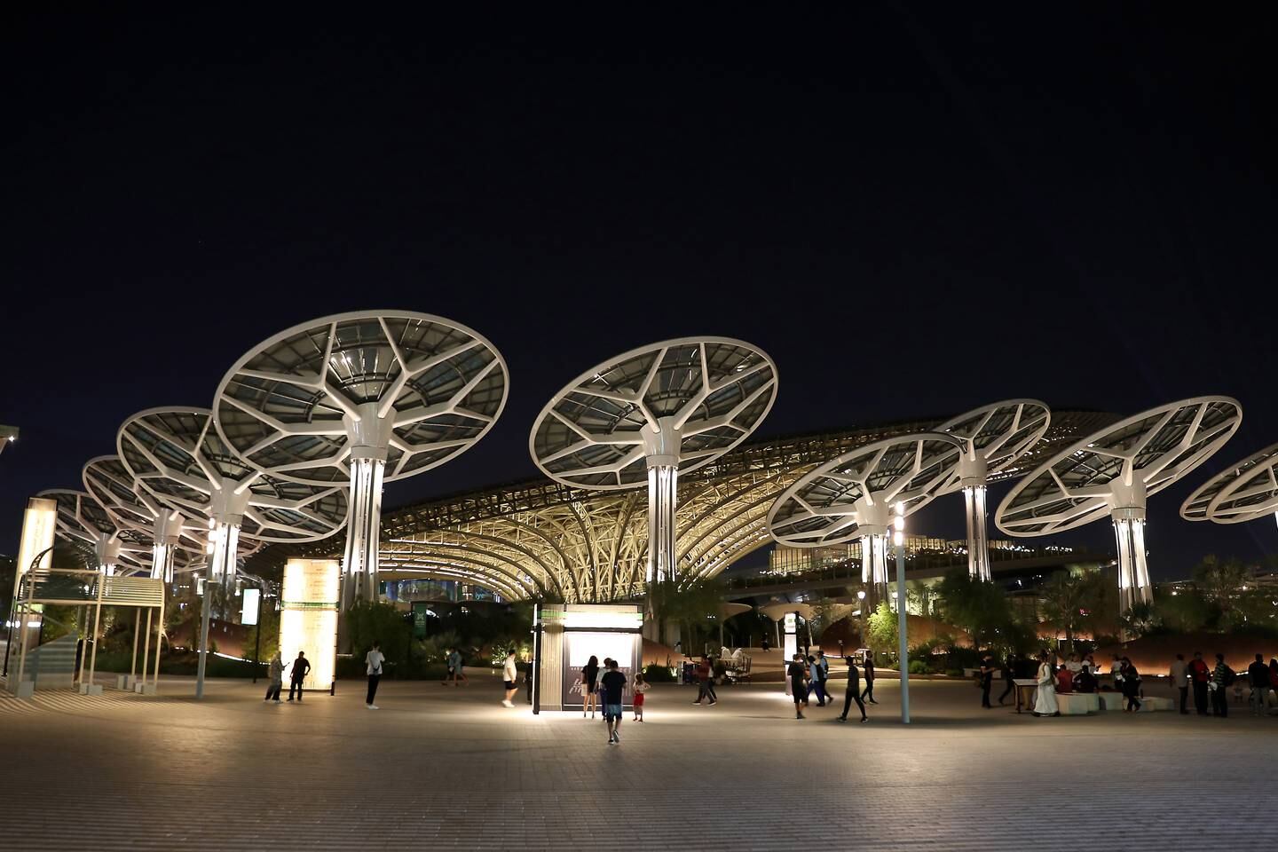 View of the Sustainability Pavilion at night. Pawan Singh / The National