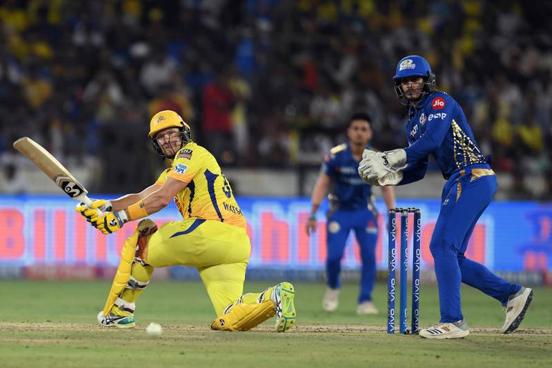 Chennai Super Kings cricketer Shane Watson (L) plays a shot during the 2019 Indian Premier League (IPL) Twenty20 final cricket match between Mumbai Indians and Chennai Super Kings at the Rajiv Gandhi International Cricket Stadium in Hyderabad on May 12, 2019. (Photo by NOAH SEELAM / AFP) / ----IMAGE RESTRICTED TO EDITORIAL USE - STRICTLY NO COMMERCIAL USE-----
