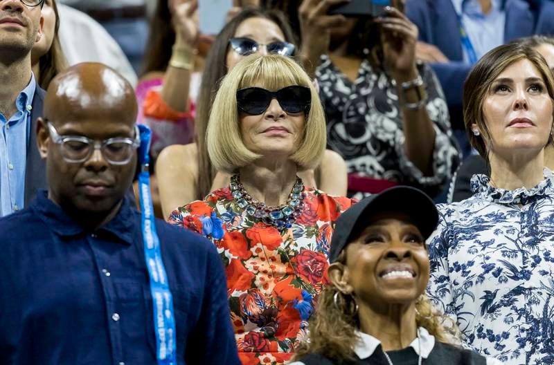 Anna Wintour watches a tribute to Serena Williams after she defeated Danka Kovinic during their first round match. EPA