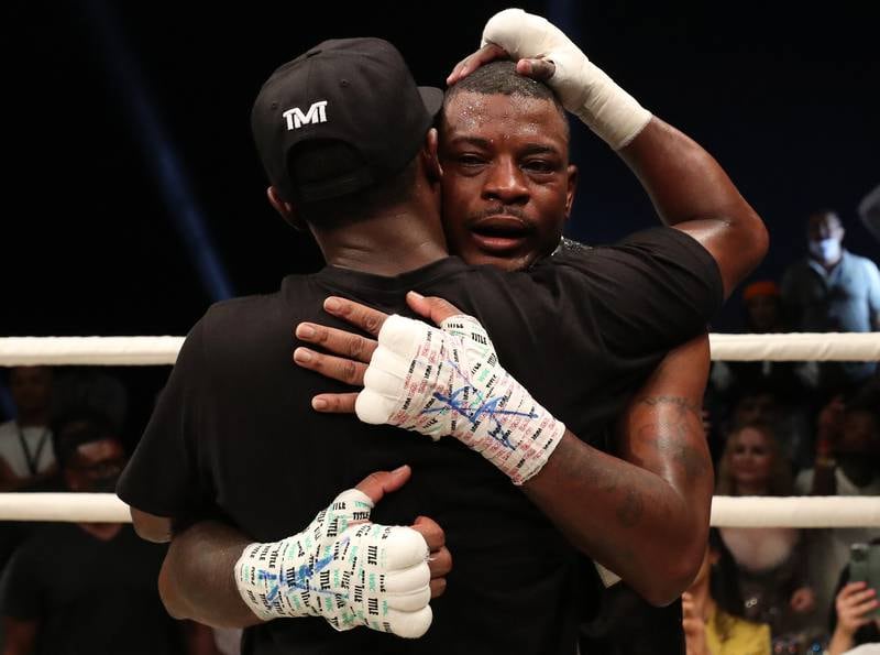 Floyd Mayweather celebrates his win against Don Moore during the Abu Dhabi Unity Boxing event at the Etihad Arena in Abu Dhabi. Chris Whiteoak / The National