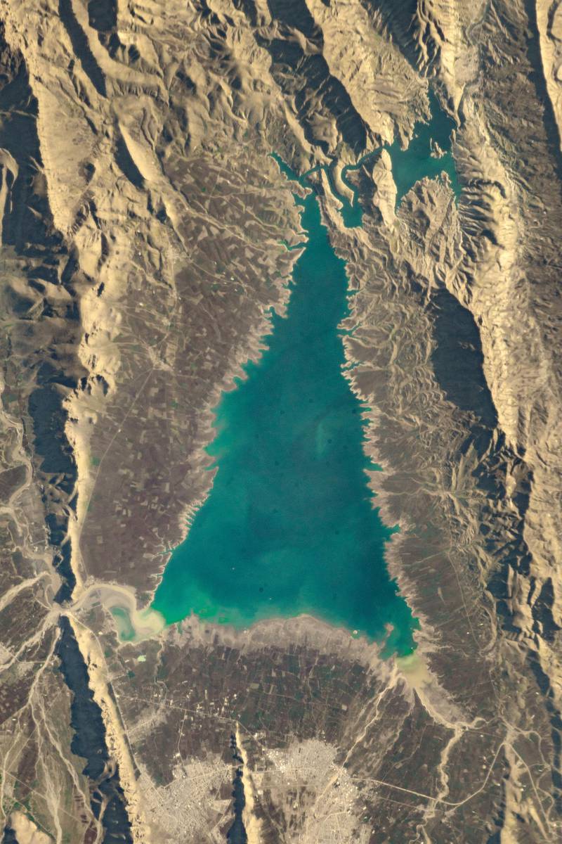 Lake Dukan, shaped almost like a Christmas tree, in Iraq photographed from space in 2018.