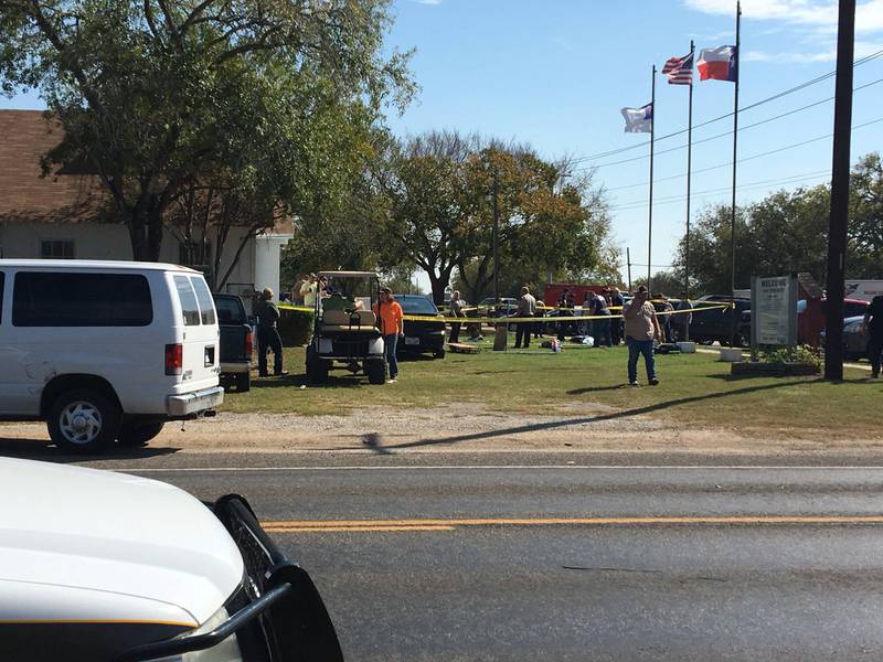 The area around a site of a mass shooting is taped off in Sutherland Springs, Texas, U.S., November 5, 2017, in this picture obtained via social media. MAX MASSEY/ KSAT 12/via REUTERS THIS IMAGE HAS BEEN SUPPLIED BY A THIRD PARTY. MANDATORY CREDIT.NO RESALES. NO ARCHIVES