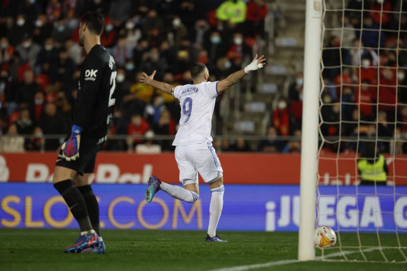 Real Madrid's Karim Benzema celebrates scoring their second goal. Reuters