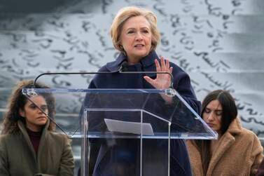Former Secretary of State Hillary Clinton speaks at a press preview of an art installation entitled "Eyes on Iran" in New York, Monday, Nov.  28, 2022.  The large eye behind Clinton, as well as other works of art, are displayed at Franklin D.  Roosevelt Four Freedoms State Park and speaks to the current protests happening in Iran.  (AP Photo / Seth Wenig)