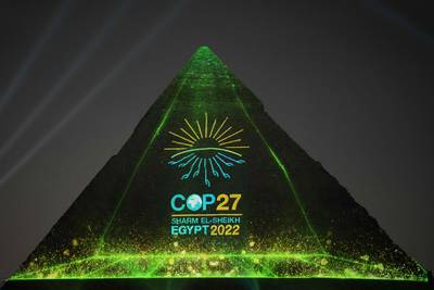 An illumination of Khafre Pyramid, one of the three ancient pyramids of Giza. AFP