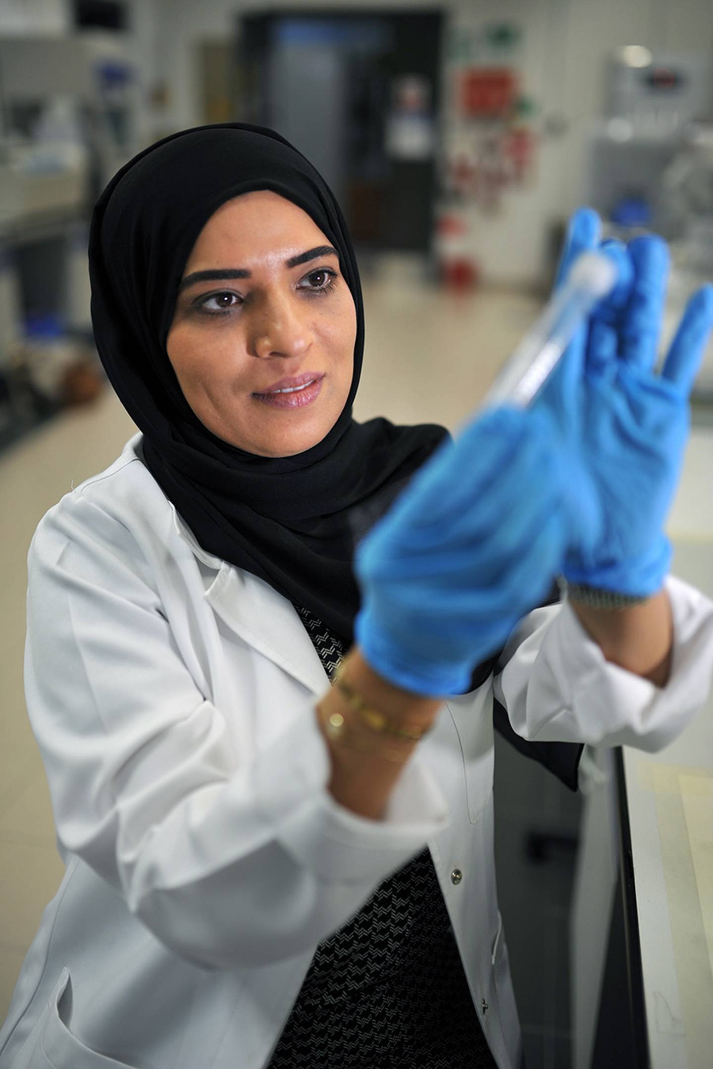 ABU DHABI, UNITED ARAB EMIRATES - - -  May 15, 2016 --- Dr. Habiba Al Safar, Director of Biotechnology Center and Assistant Professor at Khalifa University, is working in collaboration with another researcher to discover the link between diabetes and vitamin D deficiency. She is photographed in the lab at Khalifa University on Sunday, May 15, 2016, in Abu Dhabi.    ( DELORES JOHNSON / The National )  ID: 66756Reporter:  Melanie SwanSection: NA
