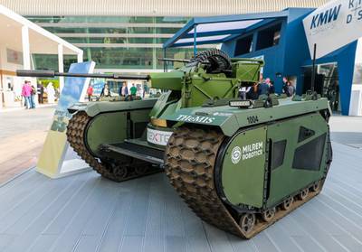 Abu Dhabi, U.A.E., February 17, 2019. INTERNATIONAL DEFENCE EXHIBITION AND CONFERENCE  2019 (IDEX) Day 1-- The OPTIO X20 UGV, unmanned ground vehicle with a remote 20mm and 50mm canon.Victor Besa/The NationalSection:  NAReporter;