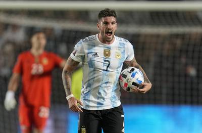 Argentina's Rodrigo De Paul reacts. AP