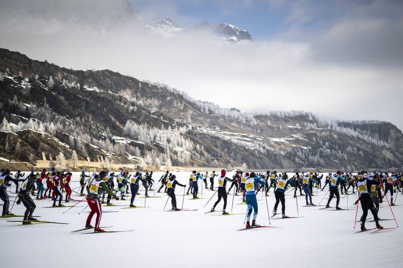 Skiers take part in the 52nd annual Engadin skiing marathon, in Maloja, Switzerland. The 42-kilometre competition is the largest cross-country skiing event in Switzerland and second largest in the world.   EPA