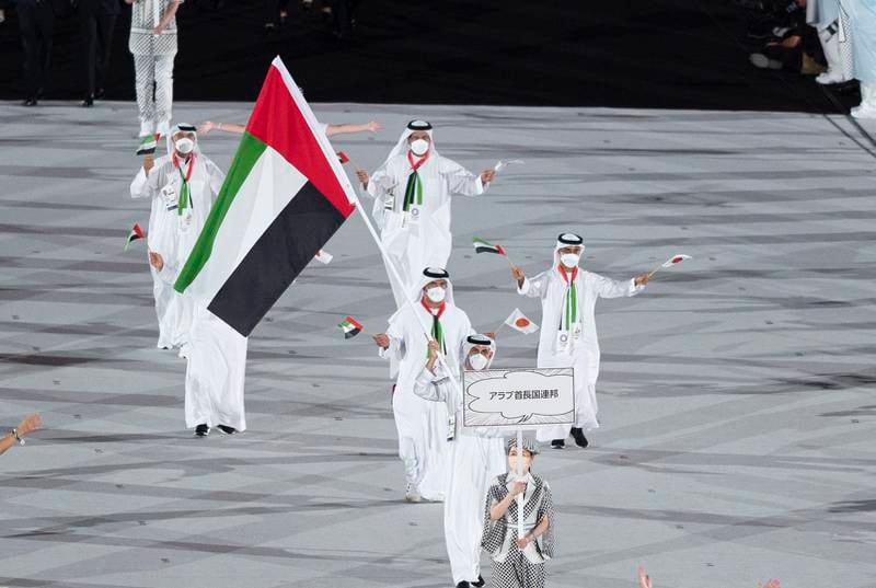 The UAE delegation at the opening ceremony with Emirati swimmer Yousuf Al Matrooshi as flag bearer.