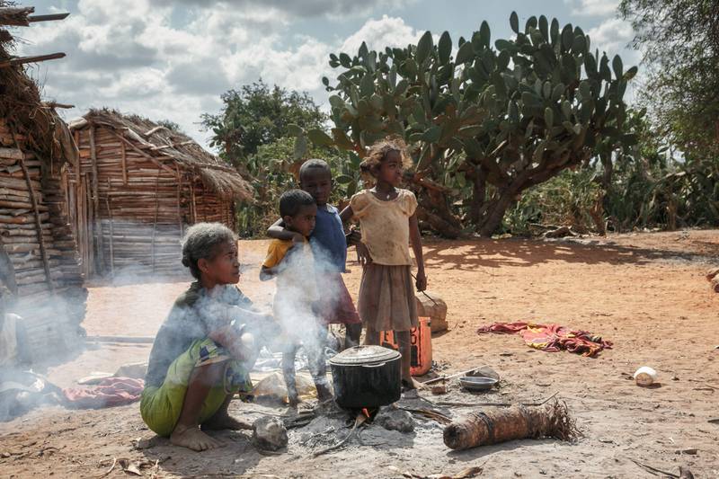 Helmine Monique Sija, a 50-year-old single mother, with six children, prepares raketa (cactus) to eat with her daughter Tolie,10, in the village of Atoby, Madagascar. The raketa eases hunger but does not provide any nutrients and is known to cause strong stomach aches. For decades the South-East of Madagascar has been prone to "kere" or the  food crisis due to intense drought. AFP