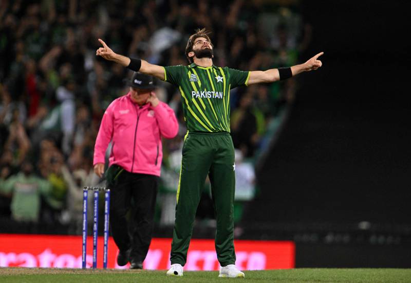 Pakistan bowler Shaheen Shah Afridi celebrates after claiming the wicket of New Zealand captain Kane Williamson. AFP
