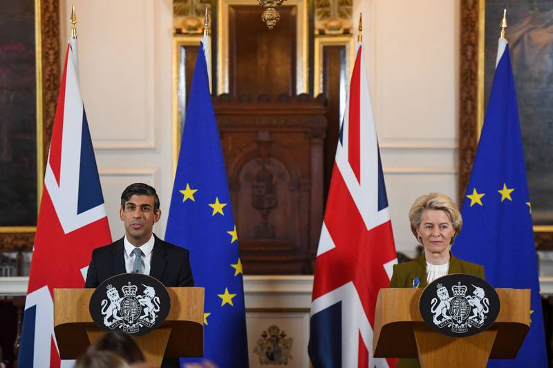 Britain's Prime Minister Rishi Sunak and Ursula von der Leyen, President of the European Commission, hold a joint news conference on a post-Brexit deal, in Windsor. Bloomberg