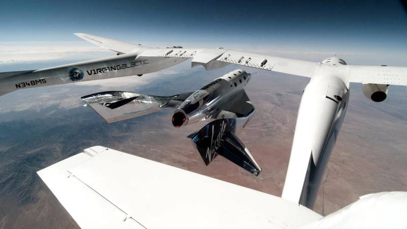 Virgin Galactic's VSS Unity, piloted by CJ Sturckow and Dave Mackay, is released from its mothership, VMS Eve. Reuters