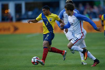 Jefferson Montero #7 of Ecuador dribbles against Fabian Johnson #23 of the United States during the 2016 Quarterfinal - Copa America Centenario match at CenturyLink Field on June 16, 2016 in Seattle, Washington. The United States beat Ecuador 2-1. Otto Greule Jr/Getty Images