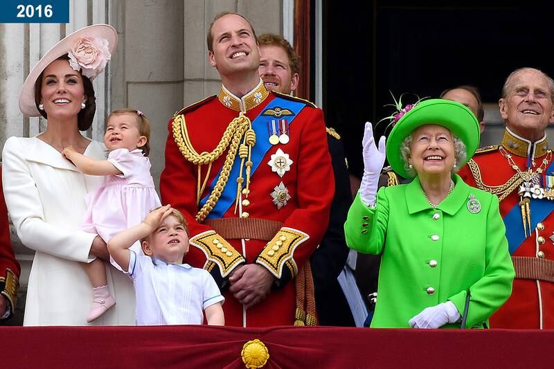 2016: Prince Charles, Catherine, Duchess of Cambridge, Princess Charlotte, Prince George, Prince William, Prince Harry, the queen, and Prince Philip stand on the balcony during the Trooping the Colour, this year marking the Queen's 90th birthday at The Mall.