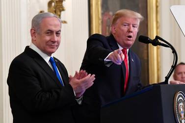 US President Donald Trump speaks during the unveiling of his Middle East peace plan with Israeli Prime Minister Benjamin Netanyahu at the White House. AP Photo