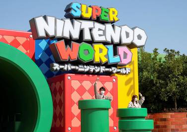 General view shows the entrance gate of Super Nintendo World at the Universal Studios Japan theme park in Osaka, Japan