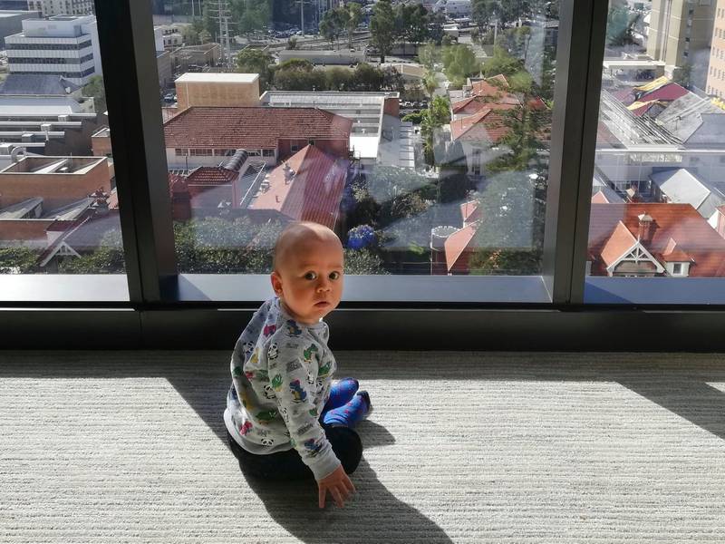 Ronan O'Connell's son, then aged 10 months, during the family's two-week quarantine in Australia. Photo: Ronan O'Connell