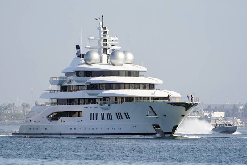The superyacht 'Amadea' sails into San Diego Bay after it was seized by the US from a Russian oligarch. AP