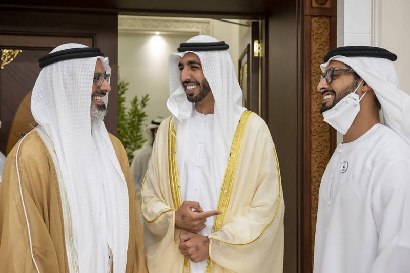 Sheikh Zayed bin Hamdan bin Zayed; Sheikh Shakhbut bin Nahyan bin Mubarak, Minister of State, and Sheikh Khaled bin Mohamed bin Zayed, Member of Abu Dhabi Executive Council and Chairman of Abu Dhabi Executive Office, attend an Eid Al Adha reception at Mushrif Palace.

