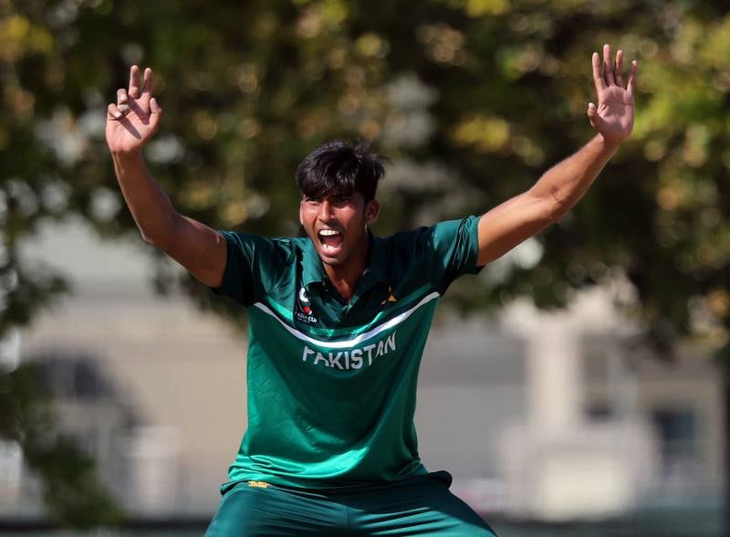 Pakistan's Mohammad Zeeshan after taking the wicket of UAE's Shival Bawa at the ICC Academy in Dubai.