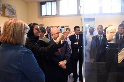 Iraqi officials guide Minister of Culture and Knowledge Development Noura Al Kaabi through the Iraq Museum in Baghdad on April 23, 2018. Wam
