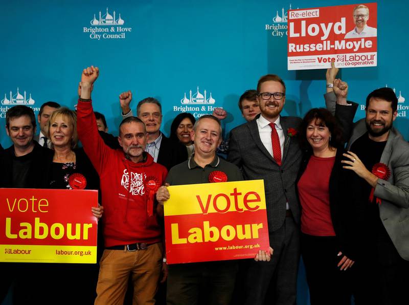 Labour Party candidate Lloyd Russell-Moyle celebrates with supporters after he is announced as the winner for the constituency of Brighton Kemptown at a counting centre for Britain's general election in Brighton, Britain.  Reuters
