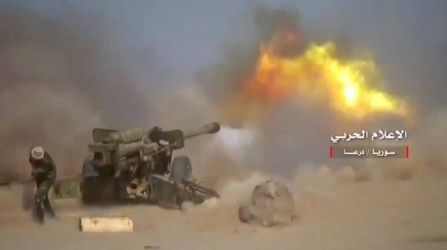 A Syrian heavy artillery unit shoots in Deraa province, Syria, in this still image from a video obtained on July 5, 2018. CENTRAL MILITARY MEDIA/via REUTERS   THIS IMAGE HAS BEEN SUPPLIED BY A THIRD PARTY. NO RESALES. NO ARCHIVES.