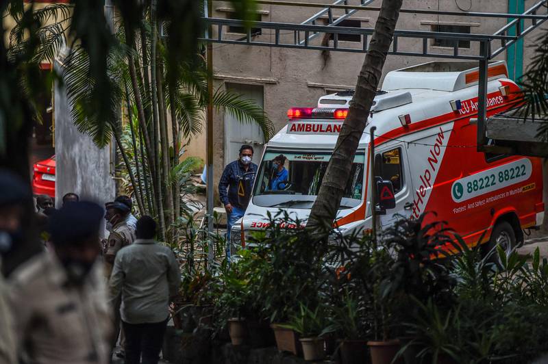 An ambulance outside Dilip Kumar's house after he died on Wednesday.