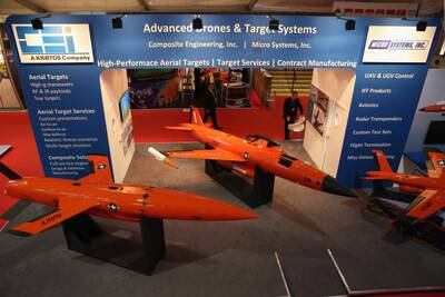 Evolving technology: high-performance remote-controlled aerial target drones used by the US Air Force on display at Farnborough Airshow in 2014.