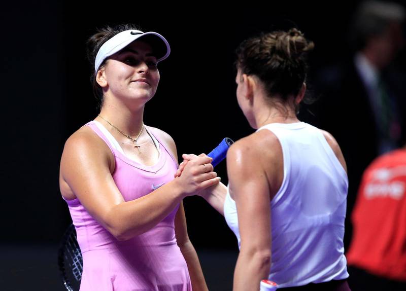 Simona Halep shakes hands with Bianca Andreescu after their match. Reuters