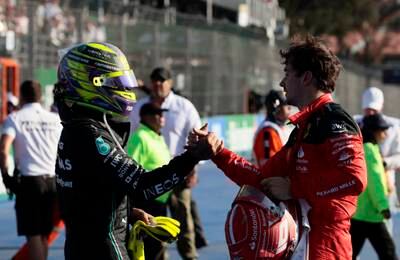 Mercedes driver Lewis Hamilton, left, finished second at the Mexican Grand Prix, with Ferrari rival Charles Leclerc, right, taking third. EPA