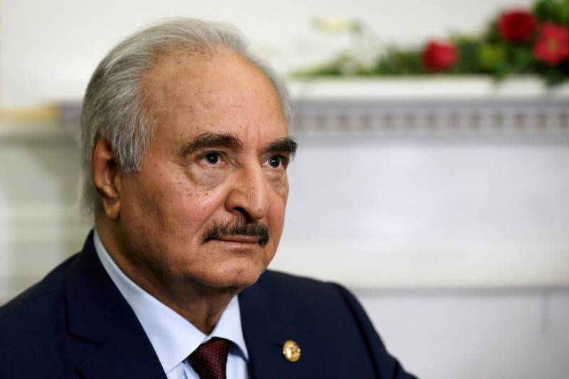 FILE PHOTO: Libyan commander Khalifa Haftar meets Greek Foreign Minister Nikos Dendias (not pictured) at the Foreign Ministry in Athens, Greece, January 17, 2020. REUTERS/Costas Baltas/File Photo