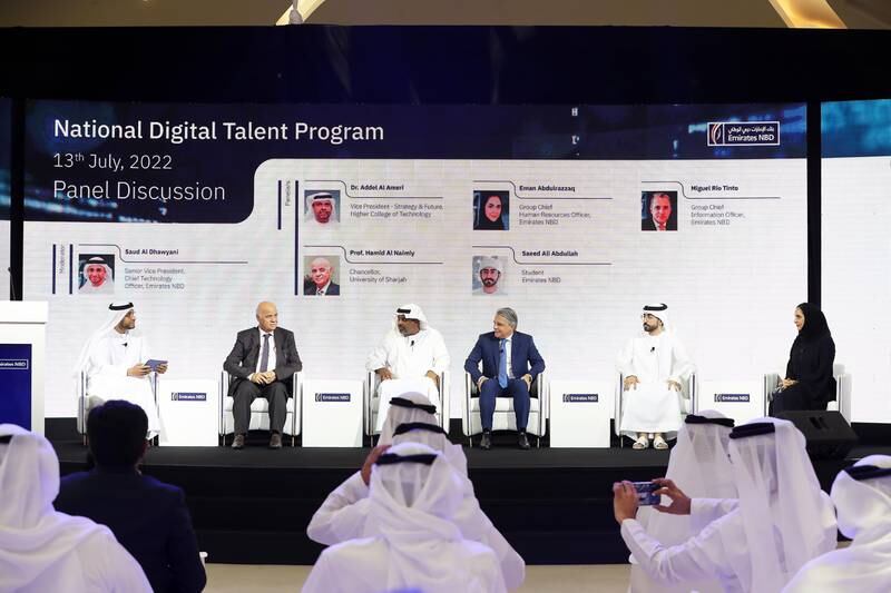 Saud Al Dhawyani, senior VP, chief technology officer, Emirates NBD; Prof Hamid MK Al Naimiy, chancellor of the University of Sharjah; Dr Addel Al Ameri, vice president, strategy & future, Higher Colleges of Technology; Miguel Rio Tinto, group chief information officer, Emirates NBD; Saeed Ali Abdullah, Emirates NBD student; and Eman Abdulrazzaq, group chief, human resources officer, Emirates NBD.