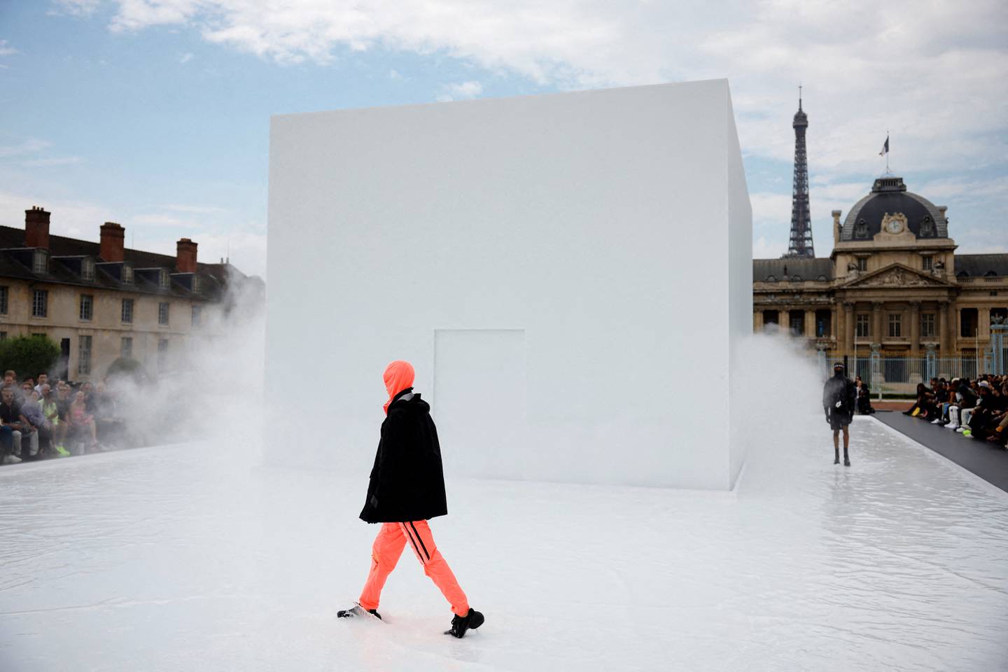 Matthew Williams's spring/summer 2023 show for Givenchy had a fluid runway of a giant font filled with milky-white water and frothing mist, in the courtyard of the Ecole Militaire. Reuters